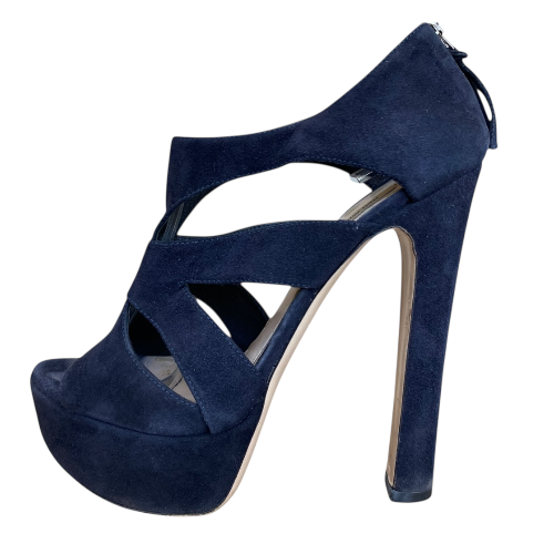 MIU MIU Dark Navy Suede Strappy Platform Heeled Sandals, Size 37
