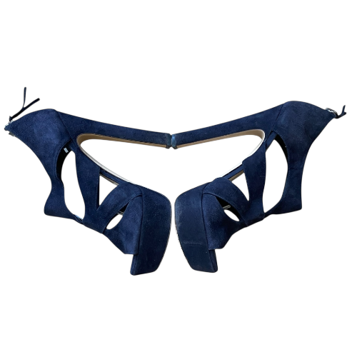 MIU MIU Dark Navy Suede Strappy Platform Heeled Sandals, Size 37