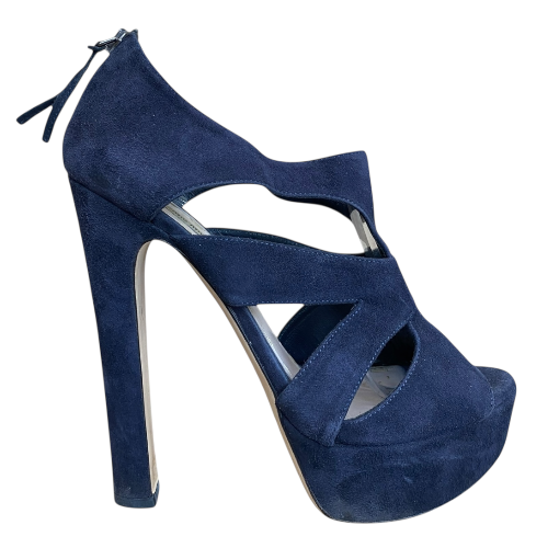 MIU MIU Dark Navy Suede Strappy Platform Heeled Sandals, Size 37