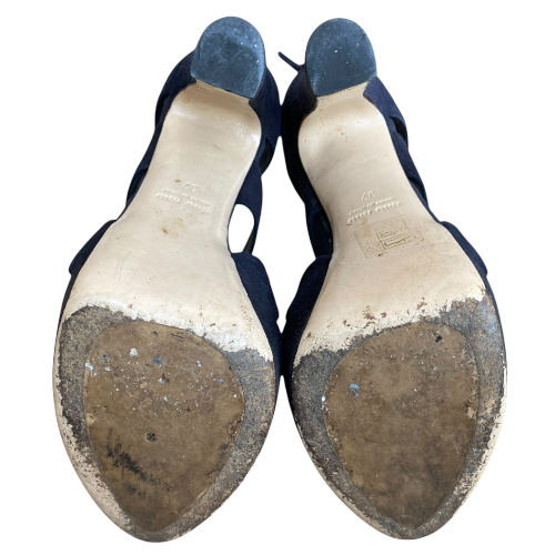 MIU MIU Dark Navy Suede Strappy Platform Heeled Sandals, Size 37