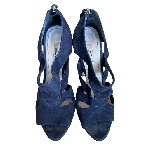 MIU MIU Dark Navy Suede Strappy Platform Heeled Sandals, Size 37