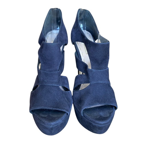 MIU MIU Dark Navy Suede Strappy Platform Heeled Sandals, Size 37