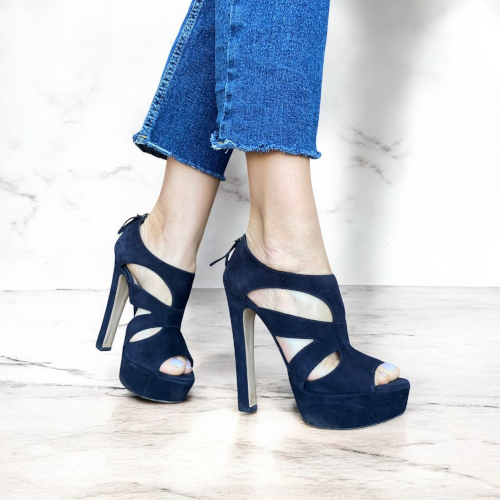 MIU MIU Dark Navy Suede Strappy Platform Heeled Sandals, Size 37