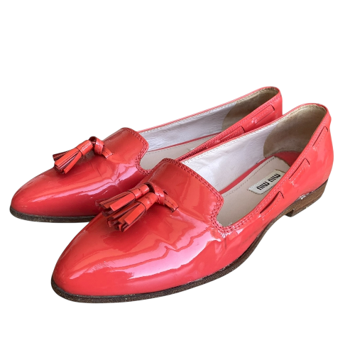 MIU MIU Orange Patent Leather Tasseled Almond Toe Loafers, Size 36.5