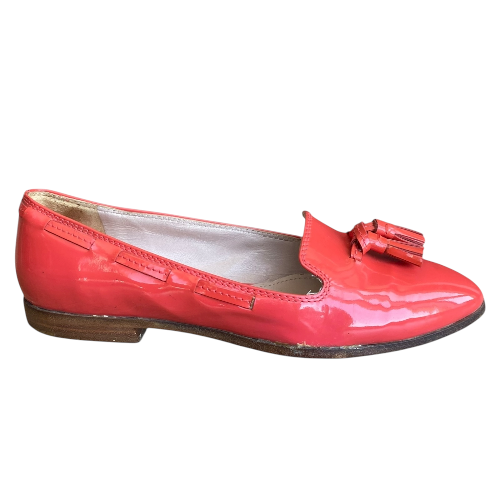 MIU MIU Orange Patent Leather Tasseled Almond Toe Loafers, Size 36.5