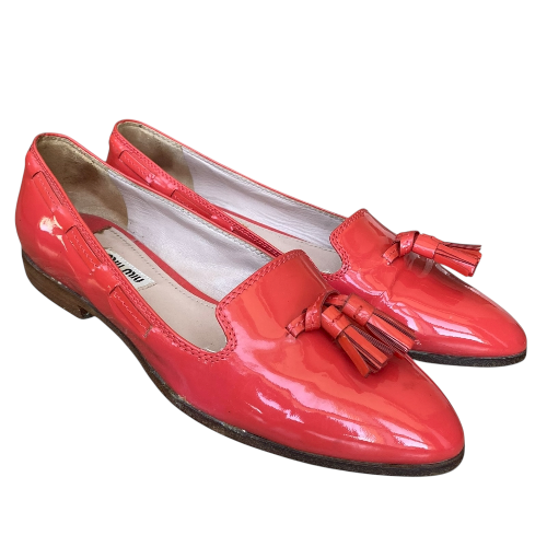 MIU MIU Orange Patent Leather Tasseled Almond Toe Loafers, Size 36.5