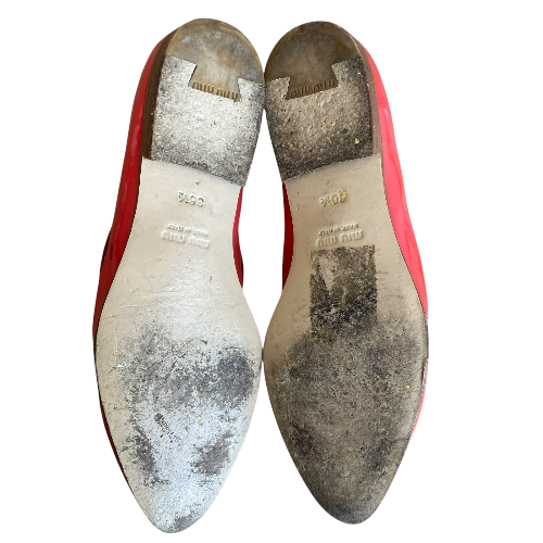 MIU MIU Orange Patent Leather Tasseled Almond Toe Loafers, Size 36.5