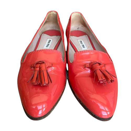 MIU MIU Orange Patent Leather Tasseled Almond Toe Loafers, Size 36.5