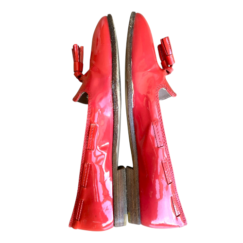 MIU MIU Orange Patent Leather Tasseled Almond Toe Loafers, Size 36.5