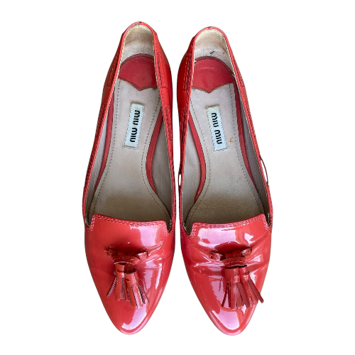 MIU MIU Orange Patent Leather Tasseled Almond Toe Loafers, Size 36.5