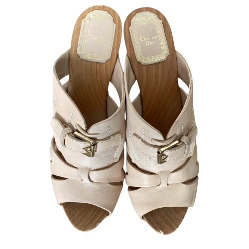 NEW CHRISTIAN DIOR Poudre Leather Strappy, Wood Clog Platform Mules, Size 37