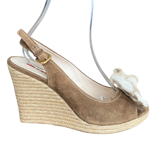 PRADA Beige Suede & Canvas Bow Peep Toe Espadrille Wedge Sandals, Size 39.5