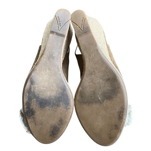 PRADA Beige Suede & Canvas Bow Peep Toe Espadrille Wedge Sandals, Size 39.5