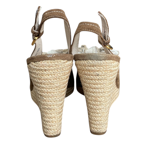 PRADA Beige Suede & Canvas Bow Peep Toe Espadrille Wedge Sandals, Size 39.5