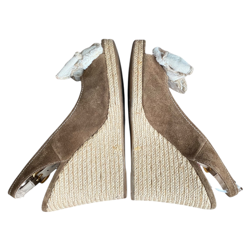 PRADA Beige Suede & Canvas Bow Peep Toe Espadrille Wedge Sandals, Size 39.5