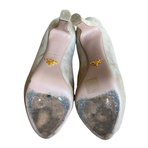 PRADA Beige Suede Open Toe Clog Platform High Heel Mules, Size 38