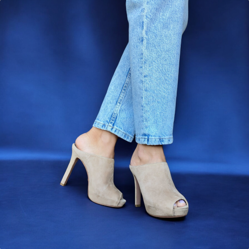 PRADA Beige Suede Open Toe Clog Platform High Heel Mules, Size 38