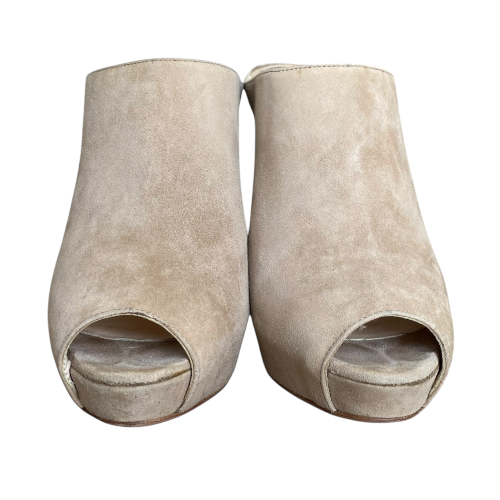 PRADA Beige Suede Open Toe Clog Platform High Heel Mules, Size 38