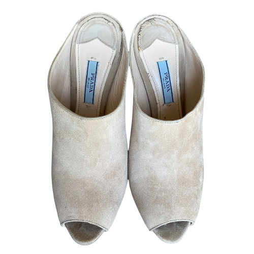 PRADA Beige Suede Open Toe Clog Platform High Heel Mules, Size 38