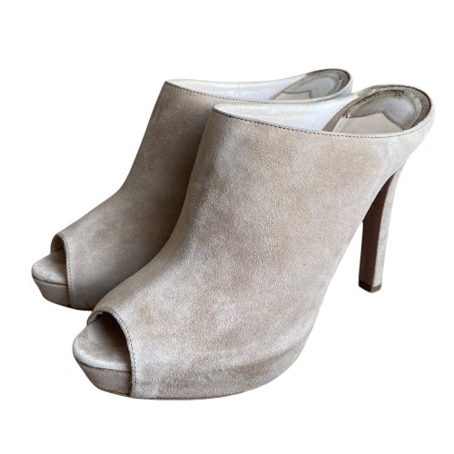PRADA Beige Suede Open Toe Clog Platform High Heel Mules, Size 38