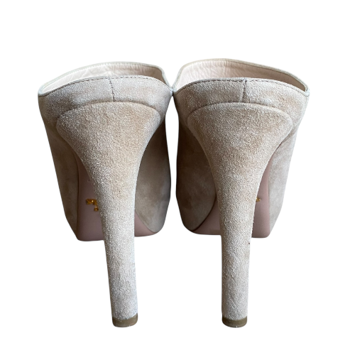 PRADA Beige Suede Open Toe Clog Platform High Heel Mules, Size 38