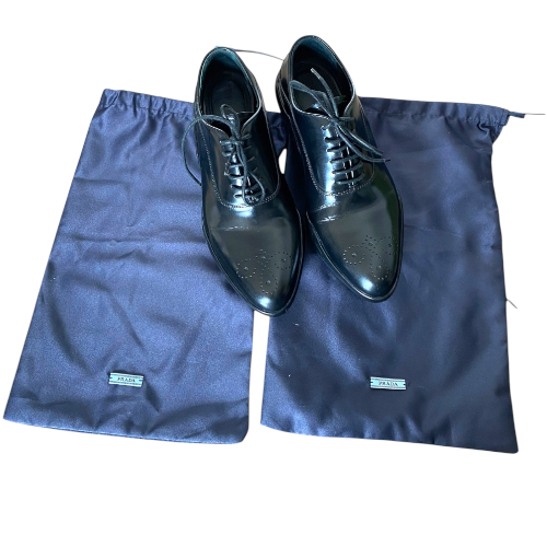 PRADA Black Shiny Leather Full Brogue Oxford, Size 36