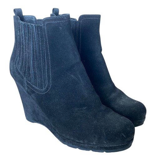 PRADA Black Suede Chealsea Wedge Heel Ankle Boots, Size 39