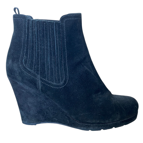PRADA Black Suede Chealsea Wedge Heel Ankle Boots, Size 39