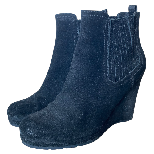 PRADA Black Suede Chealsea Wedge Heel Ankle Boots, Size 39