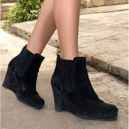 PRADA Black Suede Chealsea Wedge Heel Ankle Boots, Size 39