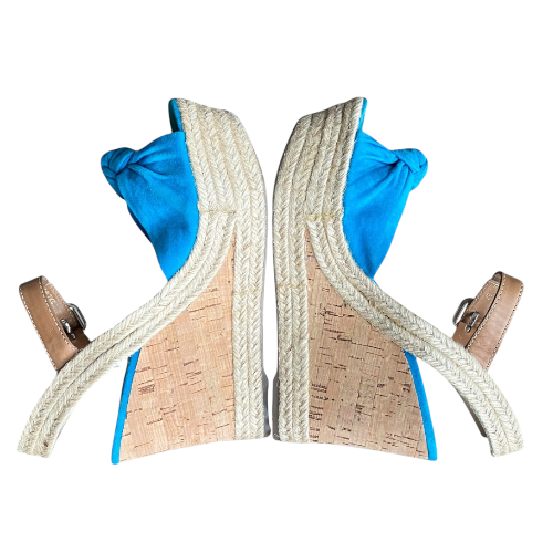 PRADA Blue Suede Espadrille Platform Cork Ankle Wrap Wedge Sandals, Size 37