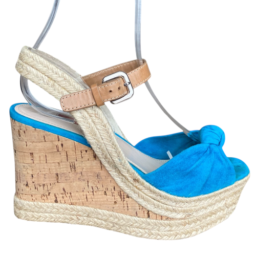 PRADA Blue Suede Espadrille Platform Cork Ankle Wrap Wedge Sandals, Size 37