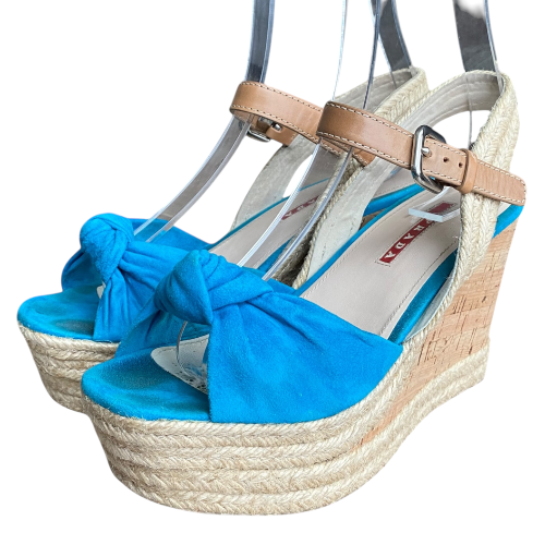 PRADA Blue Suede Espadrille Platform Cork Ankle Wrap Wedge Sandals, Size 37