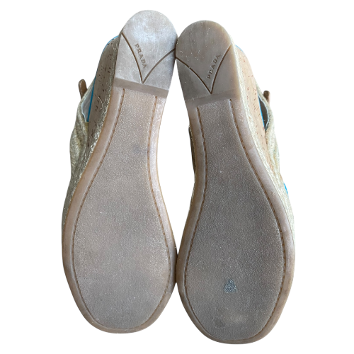 PRADA Blue Suede Espadrille Platform Cork Ankle Wrap Wedge Sandals, Size 37