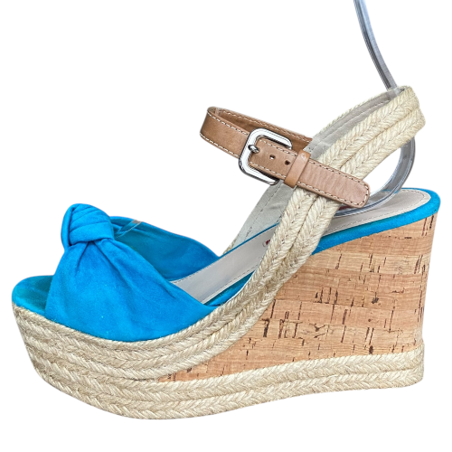PRADA Blue Suede Espadrille Platform Cork Ankle Wrap Wedge Sandals, Size 37