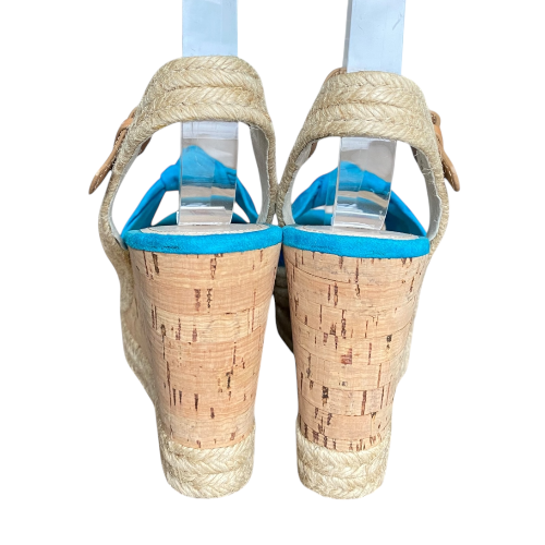 PRADA Blue Suede Espadrille Platform Cork Ankle Wrap Wedge Sandals, Size 37