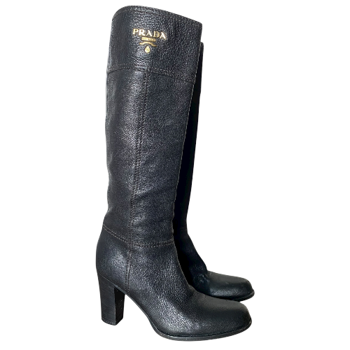 PRADA Dark Brown Leather Knee High Block Heel Boots, Size 36