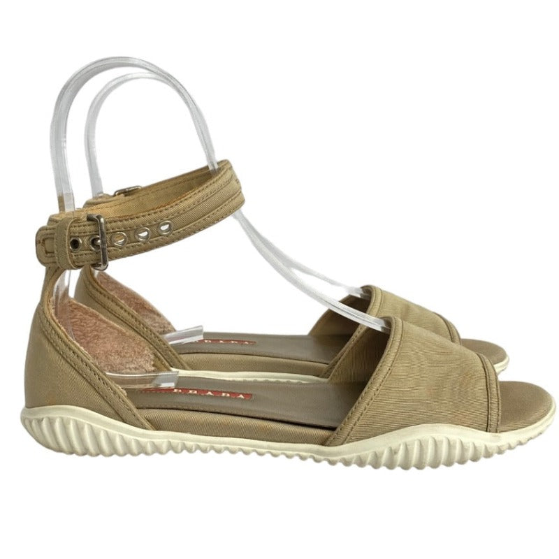 PRADA Sport Beige Donna Gabardine Canvas Ankle Strap Flat Sandals, Size 37