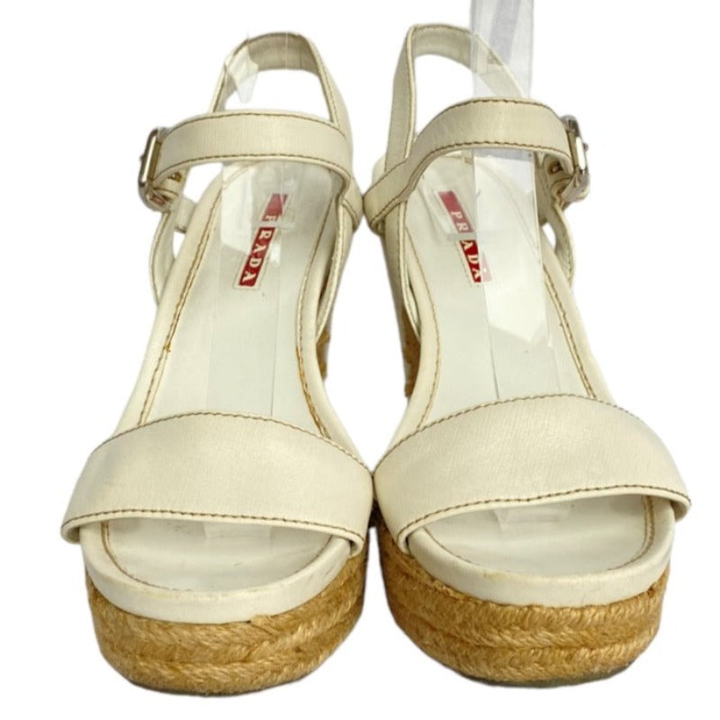 PRADA White Leather Ankle Strap Espadrille Wedge Sandals, Size 36.5