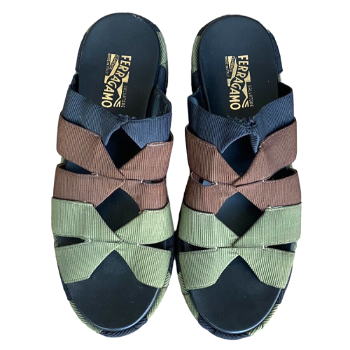 SALVATORE FERRAGAMO Elettra Camo Grosgrain Elasticated Platform Sandals, Size 40