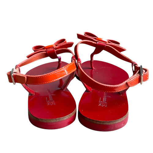 SALVATORE FERRAGAMO Red & Orange Patent Leather Bow Flat Thong Sandals, Size 36