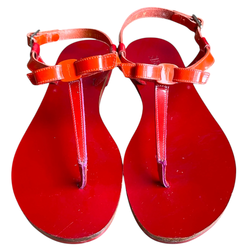 SALVATORE FERRAGAMO Red & Orange Patent Leather Bow Flat Thong Sandals, Size 36