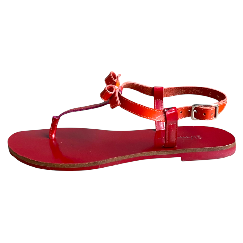 SALVATORE FERRAGAMO Red & Orange Patent Leather Bow Flat Thong Sandals, Size 36