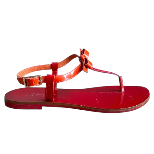 SALVATORE FERRAGAMO Red & Orange Patent Leather Bow Flat Thong Sandals, Size 36