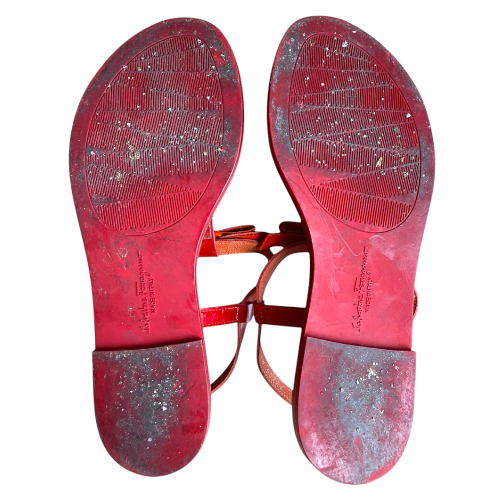SALVATORE FERRAGAMO Red & Orange Patent Leather Bow Flat Thong Sandals, Size 36