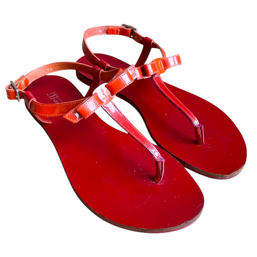 SALVATORE FERRAGAMO Red & Orange Patent Leather Bow Flat Thong Sandals, Size 36