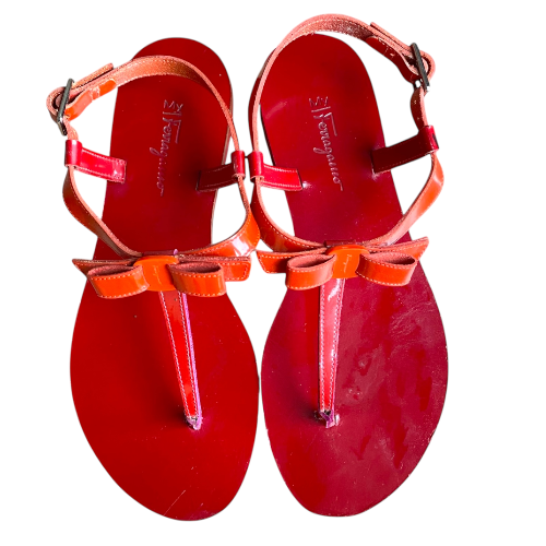 SALVATORE FERRAGAMO Red & Orange Patent Leather Bow Flat Thong Sandals, Size 36