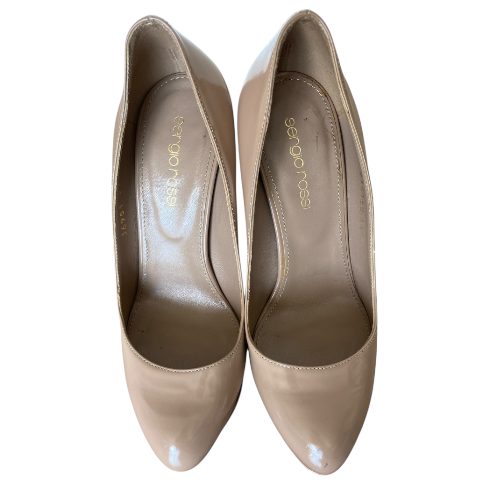 SERGIO ROSSI Beige Patent Leather Almond Toe Platform Pumps, Size 35