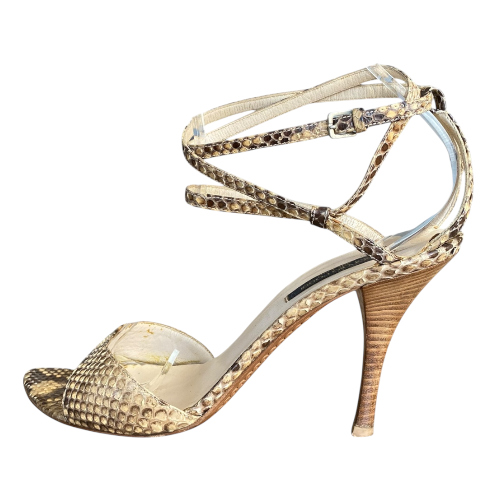 SERGIO ROSSI Beige Python Leather Ankle Strap Heeled Sandals, Size 40