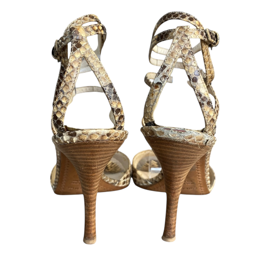 SERGIO ROSSI Beige Python Leather Ankle Strap Heeled Sandals, Size 40